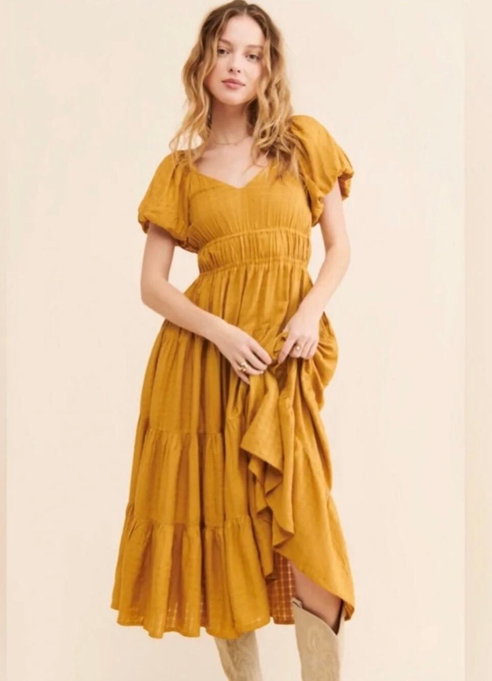 Cleobella Kailani Midi Dress in Goldie Mustard Pockets Size XS